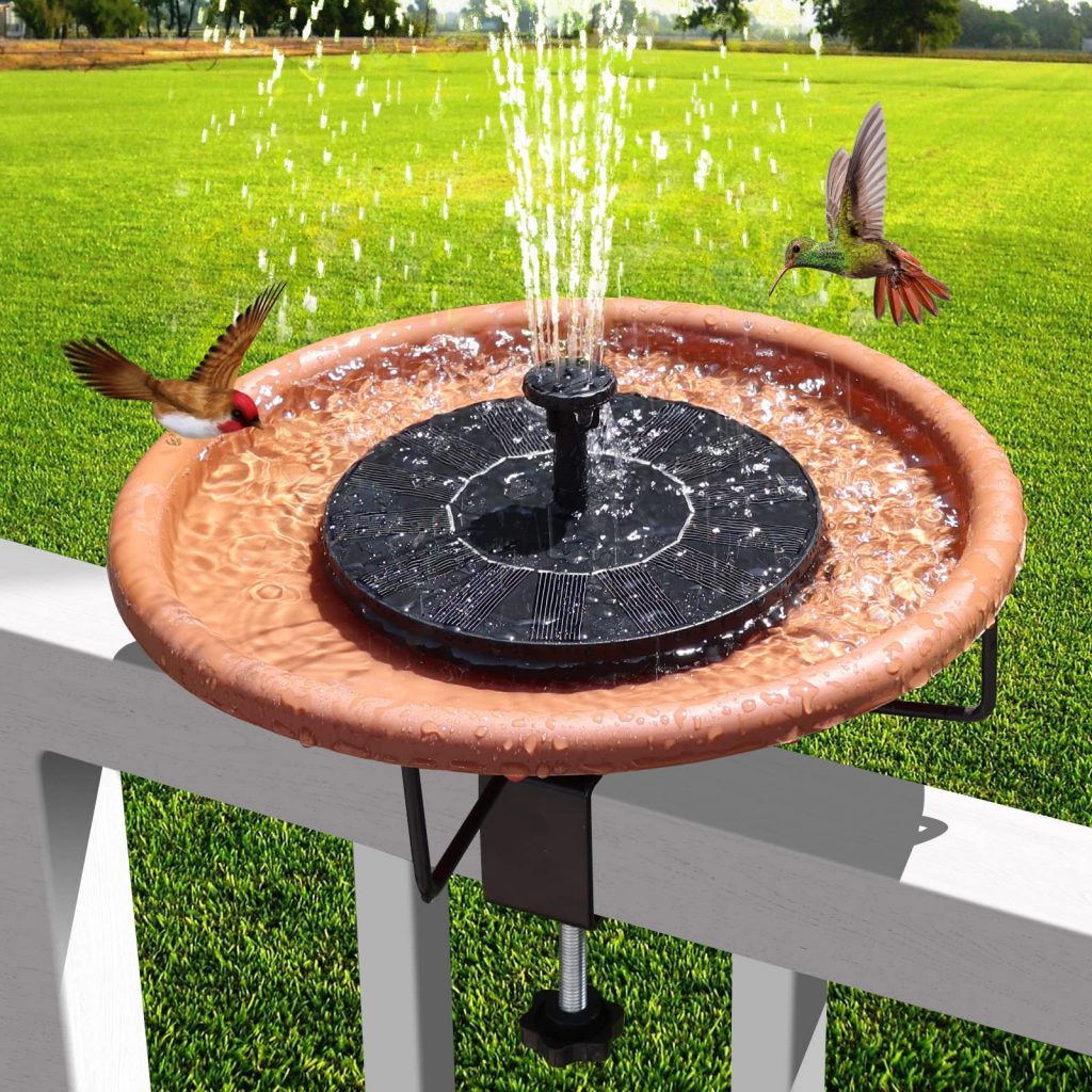 Solar powered fountains attract birds to bird baths