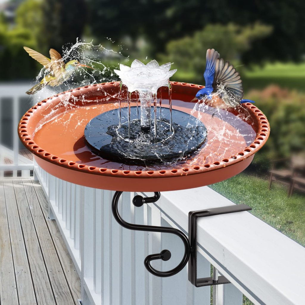 Solar powered fountains attract birds to bird baths