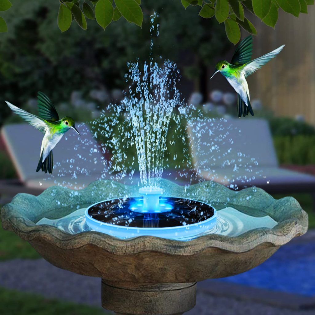 Solar powered fountains attract birds to bird baths